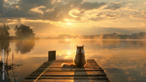 A chubby calico cat with a fishing rod, patiently angling for the perfect catch on a tranquil lakeside pier at sunset