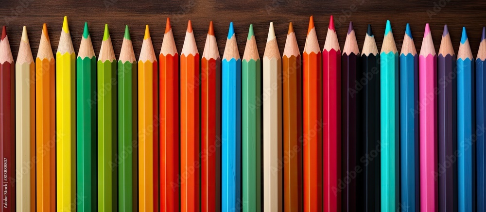 An old wooden surface serves as the backdrop for a vibrant arrangement of school pencils creating an aesthetically pleasing copy space image An old wooden surface serves as the backdrop for a vibrant arrangement of school pencils creating an aesthetically pleasing copy space image