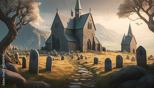 generate a gothic atmosphare picture with graveyard and a medieval castle ruin and a small church photo