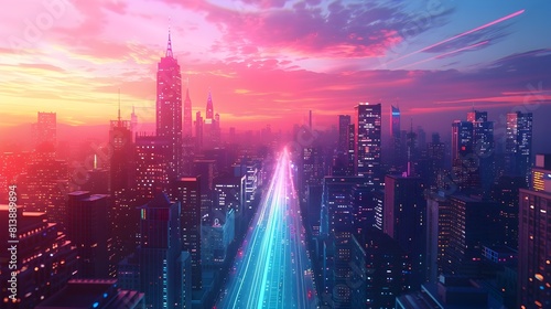 Vibrant Futuristic Cityscape at Dusk with Skyscrapers Neon Lights and Dynamic Traffic Trails for Stunning Website Banner or Imagery