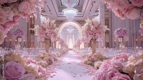 Gorgeous chapel for wedding celebration, many pretty flowers, beautiful decorations for wedding, copy space,space for text,Generous AI,結婚式のお祝いのための豪華なチャペル、多くの綺麗な花々、結婚式の美しい装飾、コピースペース,テキスト用スペース