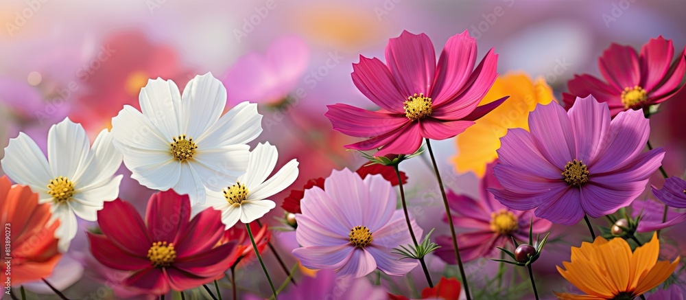 The cosmos field is in full bloom creating a captivating and vibrant display of colorful flowers like strokes of paint on a canvas The image offers ample copy space to highlight its mesmerizing beaut The cosmos field is in full bloom creating a captivating and vibrant display of colorful flowers like strokes of paint on a canvas The image offers ample copy space to highlight its mesmerizing beaut