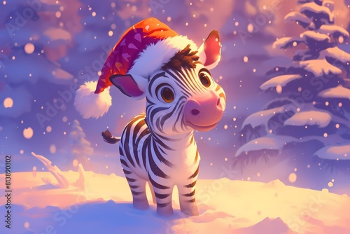 a zebra is wearing a christmas hat at night