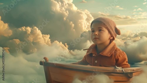 A boy dreams of sailing on an imaginary cloud in a small boat. A little boy soars through the sky in a small boat through the boundless expanse of his imagination with wonder and creativity. photo