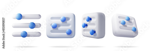3D set of filter button icon. Render collection of settings slider symbol. Control interface with slider bars selector. Media digital panel for balanced settings. Realistic vector illustration