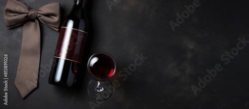 The concept of Father s Day is depicted with a wine bottle tie and straps arranged on a dark brown background The top view allows for copy space in the image photo