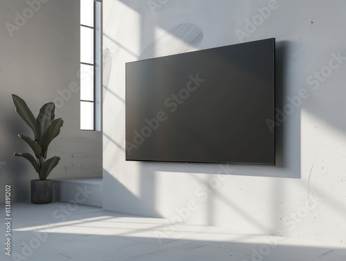 large thin tv screen on a wall with a simple background interior