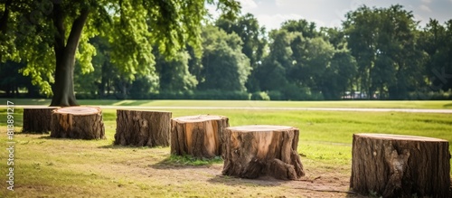 Public park with freshly cut wooden stumps and clean deadwood copy space image photo
