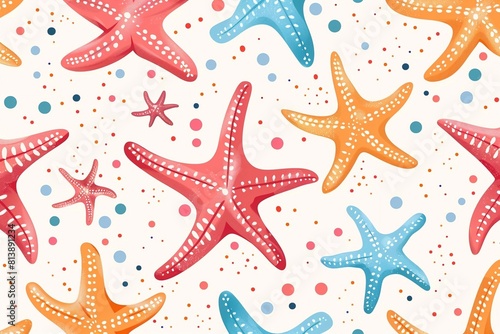  Seamless pattern with cute starfish. Summer marine background. Vector illustration. It can be used for wallpapers, wrapping, cards, patterns for clothes and other.