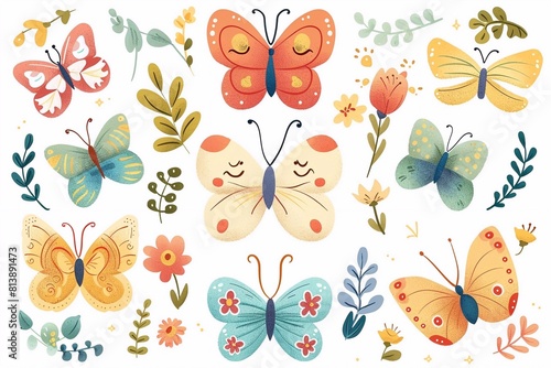 
Set collection of cute kawaii style happy smiling butterflies and flowers. photo