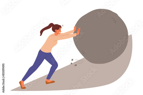 Suffering woman suffers from overload pushing large stone uphill, for concept of huge problems. Girl in need of help and experiencing discomfort from overload caused by complex work tasks