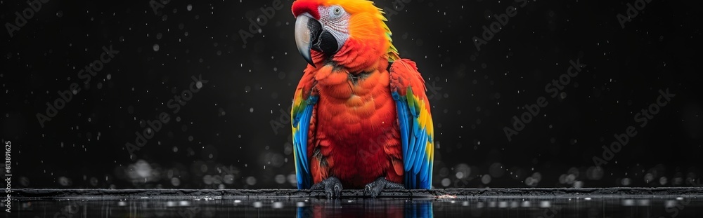 Obraz premium Black background, tropical macaw, close-up, highlight beautiful feathered parrot, with copy space,Vibrant Tropical Parrot with Stunning Feathers on Black Background. Exquisite 4K Wallpaper.