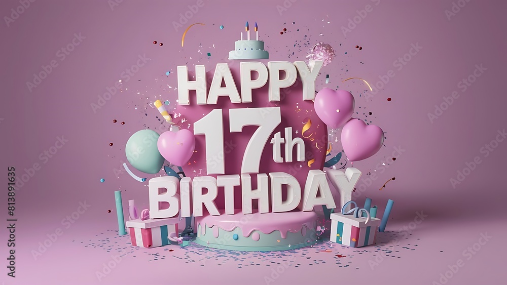 Minimalist 3D Pastel theme Happy 17th Birthday Background With