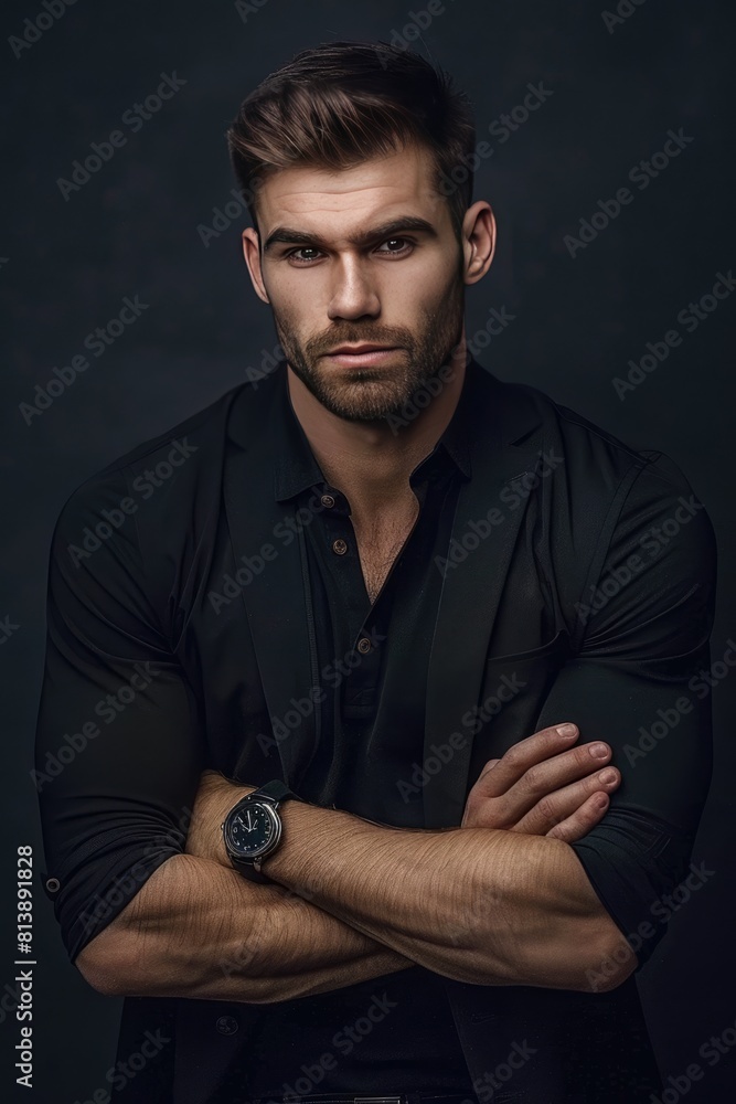 A full-length photo. Dark background. A handsome, strong, rich man of 35 years old, with a confident, stern look of piercing gray eyes, with regular facial