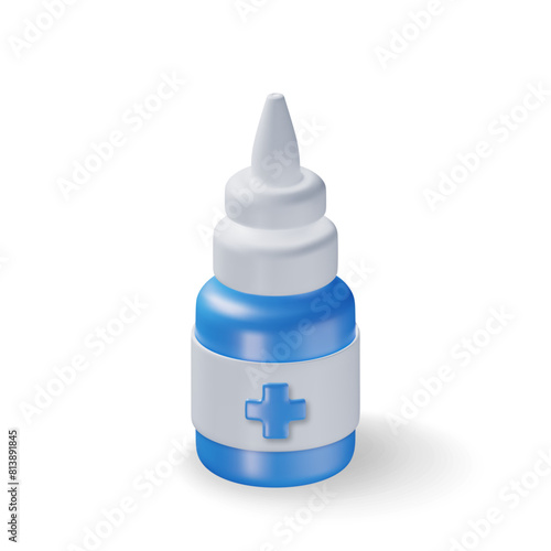 3D medicine spray bottle isolated on white. Render oral spray in glass package. Aerosol for mouth and throat. Medical drug, vitamin, antibiotic. Healthcare pharmacy. Vector illustration
