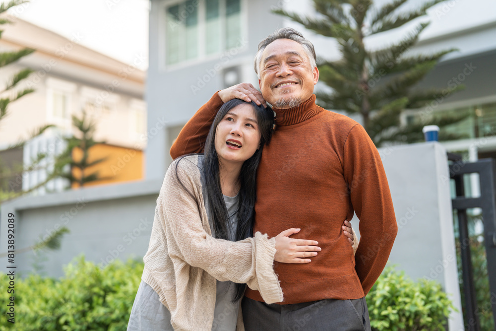 Portrait of enjoy happy love asian family senior mature father and young daughter smiling play laughing and having fun together at home, care, elderly, insurance.happy family and Father Day concept Portrait of enjoy happy love asian family senior mature father and young daughter smiling play laughing and having fun together at home, care, elderly, insurance.happy family and Father Day concept