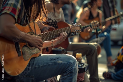 Many people sitting on a bench playing guitars. Street musician . Banner
