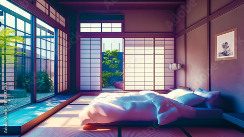 Serene Japanese Style Bedroom with Traditional Tatami Mats, Shoji Screens, and a Picturesque Garden View