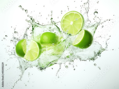 realistic sparkling water with green lemon  splash of transparent water on a white background explosion