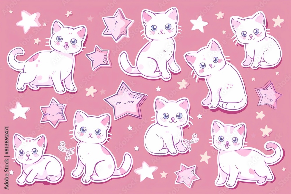 A collection of adorable kawaii cartoon cats and stars in sweet pink tones, perfect as stickers for girls. These charming illustrations feature cute kittens with playful expressions, creating a deligh