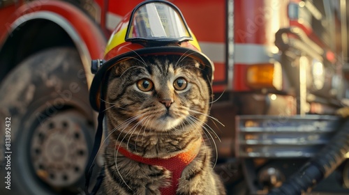 A chubby tabby cat wearing a firefighter helmet, bravely standing ready for action beside a fire truck.