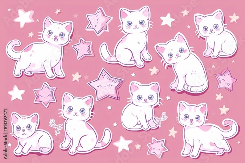 A collection of adorable kawaii cartoon cats and stars in sweet pink tones, perfect as stickers for girls. These charming illustrations feature cute kittens with playful expressions, creating a deligh