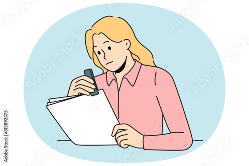 Focused female secretary stapling paperwork in office. Concentrated woman employee busy with organizing paper document at workplace. Vector illustration.