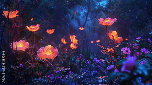 Glowing orange and purple flowers in a dark forest at night