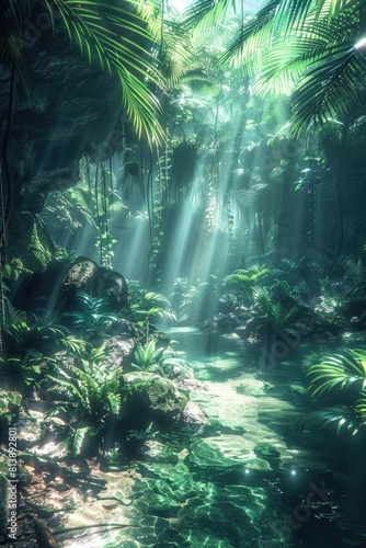 Enchanted Rainforest Oasis with Sun Rays Piercing Lush Greenery