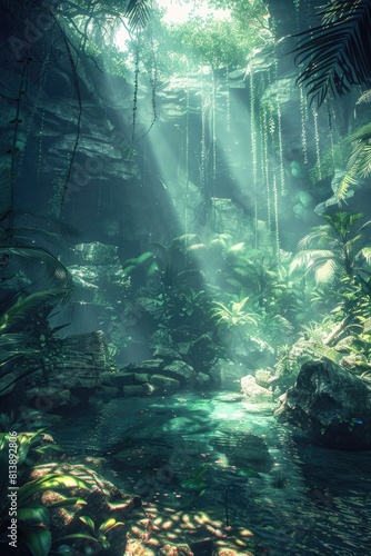 Mystical Jungle Pond with Sunlight Filtering Through Dense Foliage