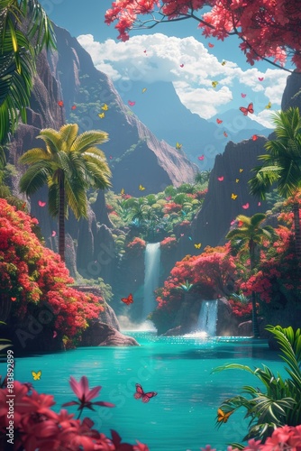 Fantastical Tropical Valley with Vibrant Waterfalls and Luminous Lake