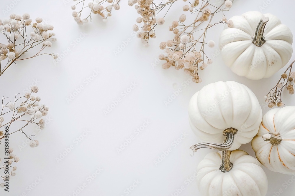 White pumpkins on a white background creative flat lay with copy space White pumpkins on a white background creative flat lay with copy space