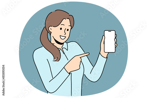 Smiling woman point at mockup screen on cellphone. Happy female show with finger on blank display on smartphone. Technology and advertising. Vector illustration.