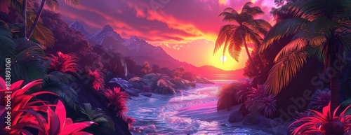 Tropical Paradise Cove at Sunset with Vibrant Pink Skies