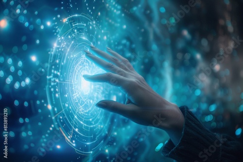 A digital world where a woman's hand touches the universe of the metaverse, a conceptual digital transformation for the age of next-generation technology