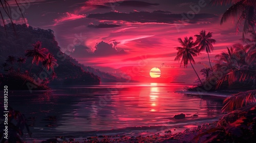 Surreal Red Sunset Over Tropical Beach with Reflective Waters