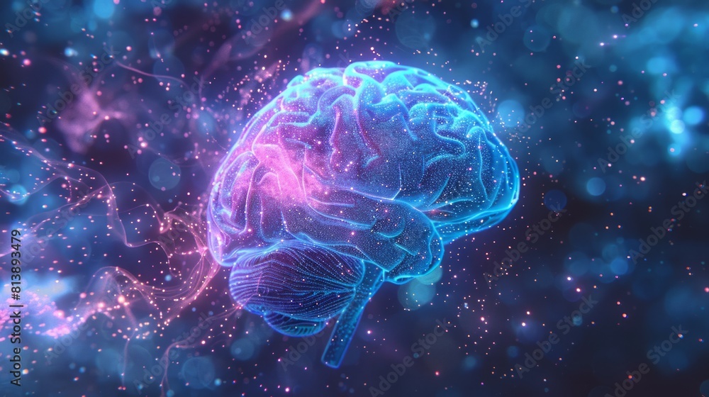 Digital glowing blue light brain human organ.