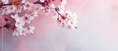 A vibrant cherry blossom against a colorful backdrop with a frame containing empty space for text or images. Copy space image. Place for adding text and design