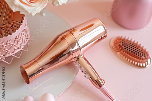 A rose gold hair dryer with a diffuser attachment, creating voluminous curls and waves effortlessly. photo