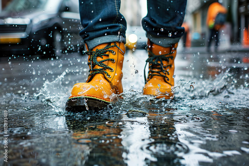 Rain, walking boots and and water splash in city street. © Degimages