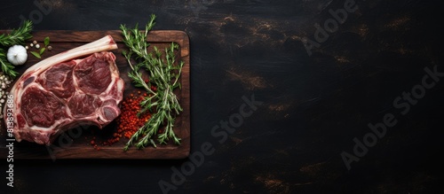 A top view of uncooked lamb or mutton shanks on a dark butcher board The image has a dark background and includes copy space