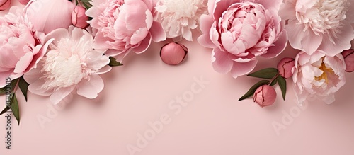 Fototapeta Naklejka Na Ścianę i Meble -  Top view of a beautiful bouquet of mixed peonies isolated on a pink background The composition is presented in a flat lay style and there is space available for text or other elements