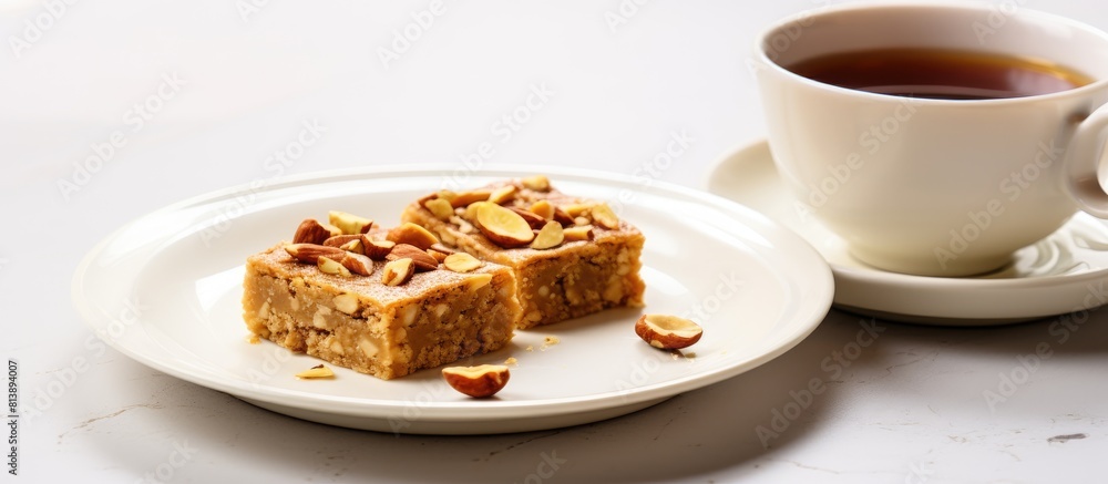 A piece of sweet halwa made from sunflower seeds and peanuts is presented on a white plate alongside a cup of coffee There is plenty of copy space in the image A piece of sweet halwa made from sunflower seeds and peanuts is presented on a white plate alongside a cup of coffee There is plenty of copy space in the image