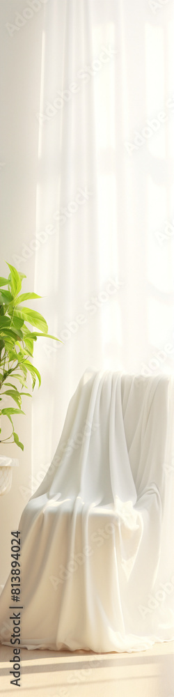 Elegant minimal still life scene with a plant and draped fabric on a chair in front of a bright window. Elegant minimal still life scene with a plant and draped fabric on a chair in front of a bright window.
