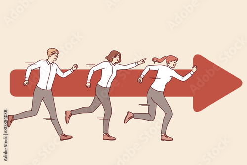 Teamwork of business people running together near arrow and striving to quickly achieve goal. Business sprint for office employees who learned about opportunity to attract new clients for company