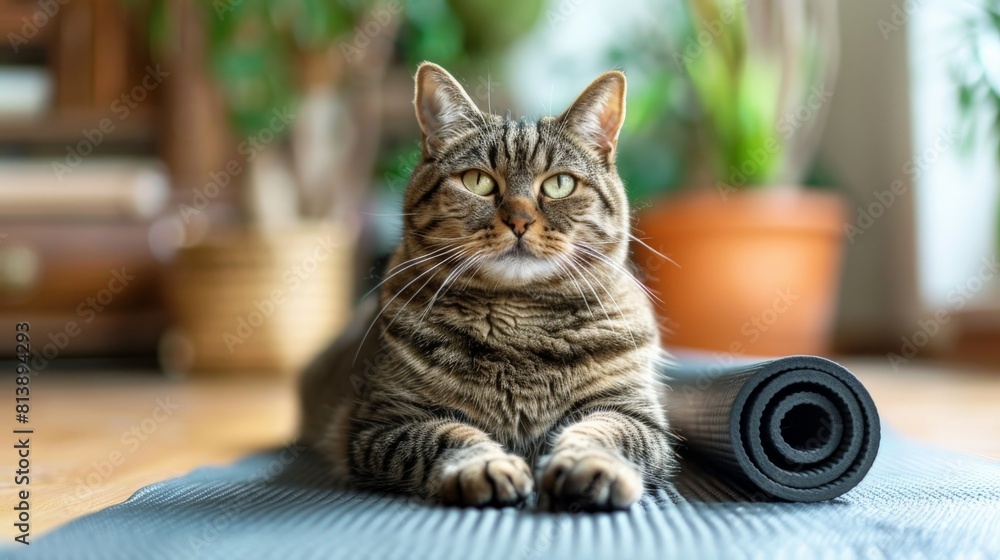 A chubby tabby cat with a yoga mat, striking a pose of relaxation and balance in a serene studio space. A chubby tabby cat with a yoga mat, striking a pose of relaxation and balance in a serene studio space.