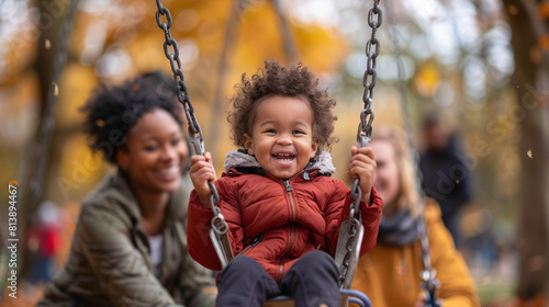 A joyful outdoor scene of two moms pushing their young child on a swing in a public park. The child, laughing with delight, is mid-air on the swing, while the moms, one Caucasian and one