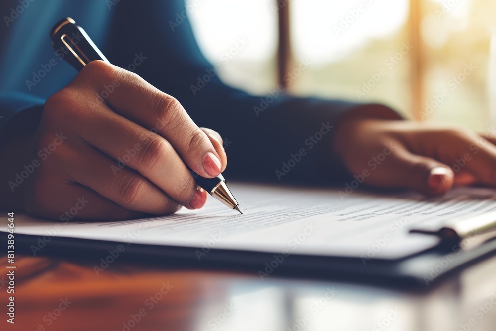 Close-Up of Hands Signing Home Insurance Contract in a Cozy Living Room Close-Up of Hands Signing Home Insurance Contract in a Cozy Living Room
