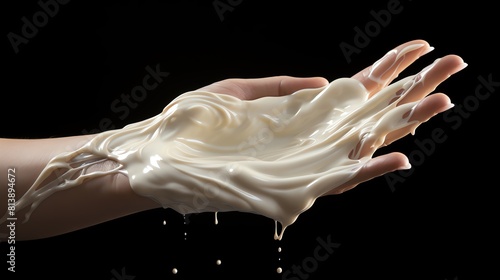 Artistic shot of a hand with cream on the fingertips, each finger positioned to catch light differently, emphasizing the richness of the moisturizer photo