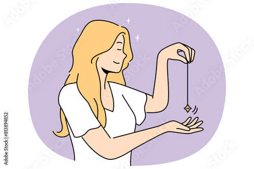 Smiling woman holding pendulum meditating. Happy girl with magic crystal used for spiritual guidance. Esoteric and spirituality. Vector illustration.